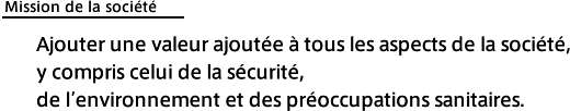 Mission de la société : Ajouter une valeur ajoutée à tous les aspects de la société, y compris celui de la sécurité, de l'environnement et des préoccupations sanitaires.