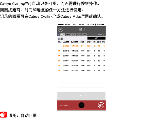 Cateye Cycling™可自动记录回圈，而无需进行按钮操作。 回圈按距离、时间和地点的任一方法进行设定。 记录的回圈可在Cateye Cycling™或Cateye Atlas™网站确认。 ﷯ ﷯ 通用：自动回圈