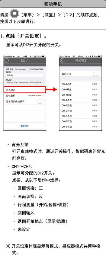 ﷯ 请按 ﷯（菜单）＞［装置］＞［DI2］的顺序点触，按照以下步骤进行： ﷯ 1. 点触［开关设定］。 显示可从DI2开关分配的开关。 ﷯ ・ 背光互锁 打开夜晚模式时，通过开关操作，智能码表的背光灯亮灯。 ・ CH1〜CH4： 显示可分配的DI2开关。 点按，从以下动作中选择。 ・ 画面切换：正 ・ 画面切换：反 ・ 行程测量（开始/暂停/恢复） ・ 回圈输入 ・ 返回开始地点（显示/隐藏） ・ 未设定 ※ 开关设定体现显示屏模式、感应器模式共两种模式。
