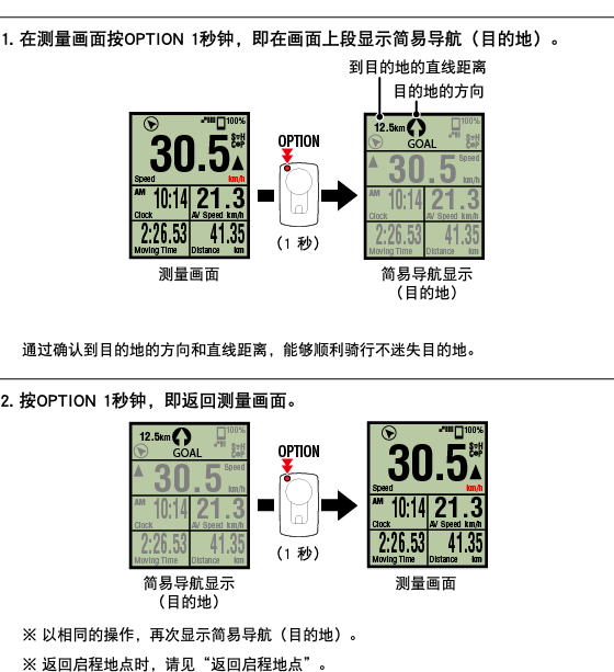 ﷯ 1. 在测量画面按OPTION 1秒钟，即在画面上段显示简易导航（目的地）。 ﷯ 通过确认到目的地的方向和直线距离，能够顺利骑行不迷失目的地。 ﷯ 2. 按OPTION 1秒钟，即返回测量画面。 ﷯ ※ 以相同的操作，再次显示简易导航（目的地）。 ※ 返回启程地点时，请见“返回启程地点”。