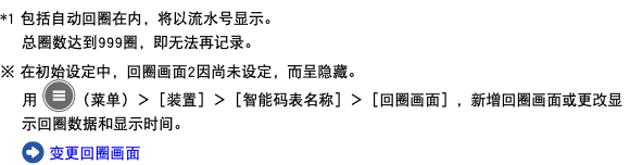 *1 包括自动回圈在内，将以流水号显示。 总圈数达到999圈，即无法再记录。 ※ 在初始设定中，回圈画面2因尚未设定，而呈隐藏。 用 ﷯（菜单）＞［装置］＞［智能码表名称］＞［回圈画面］，新增回圈画面或更改显示回圈数据和显示时间。 ﷯ 变更回圈画面