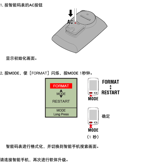 1. 按智能码表的AC按钮 ﷯ 显示初始化画面。 2. 按MODE，使［FORMAT］闪烁，按MODE 1秒钟。 ﷯ 智能码表进行格式化，并切换到智能手机搜索画面。 请连接智能手机，再次进行软体升级。